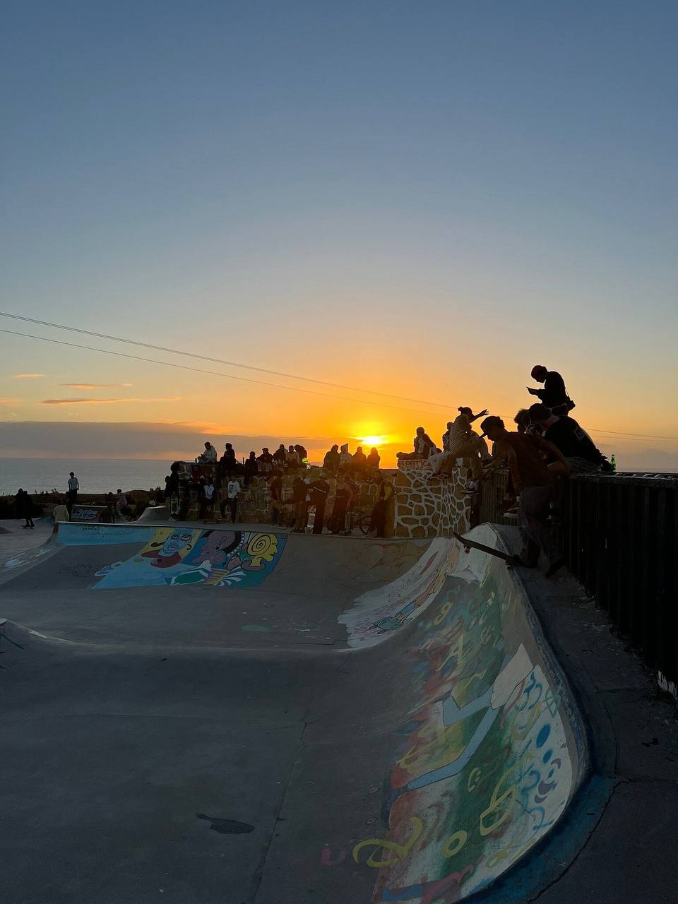 Taghazout Skatepark at sunset facing the ocean